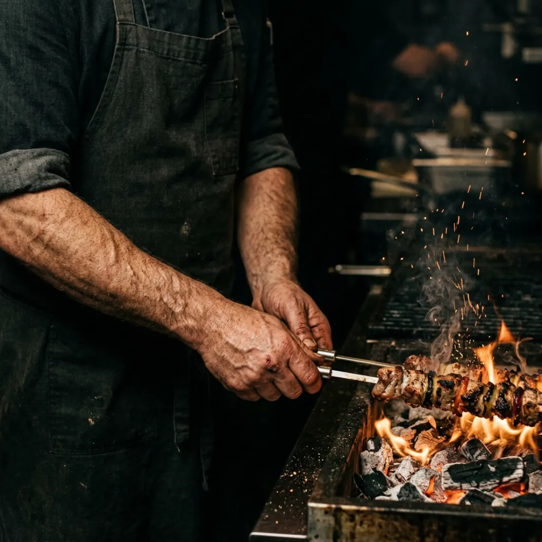 A chef's hands turning a skewer over the open fire