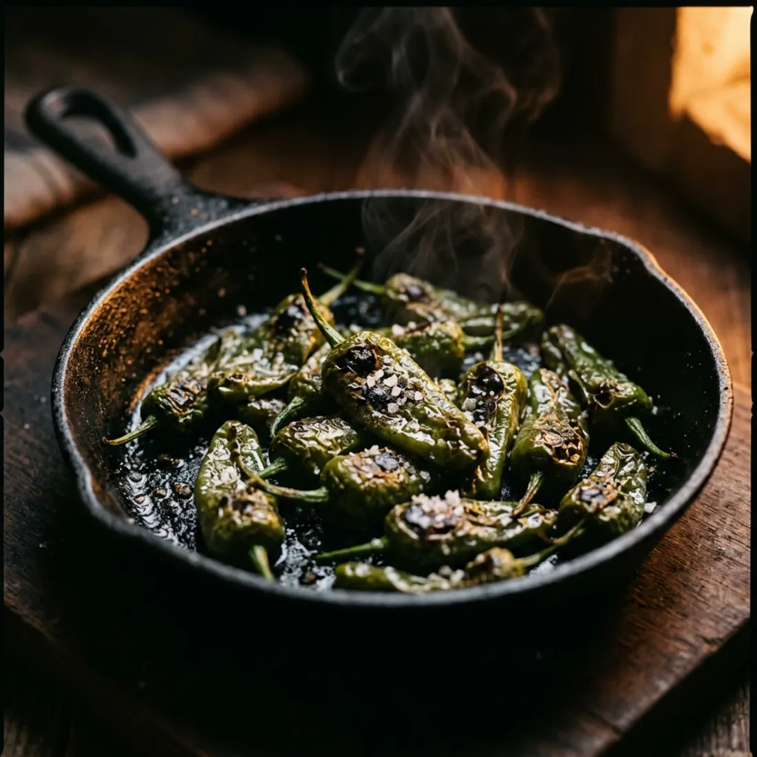 Blistered green peppers from Gernika in an iron pan