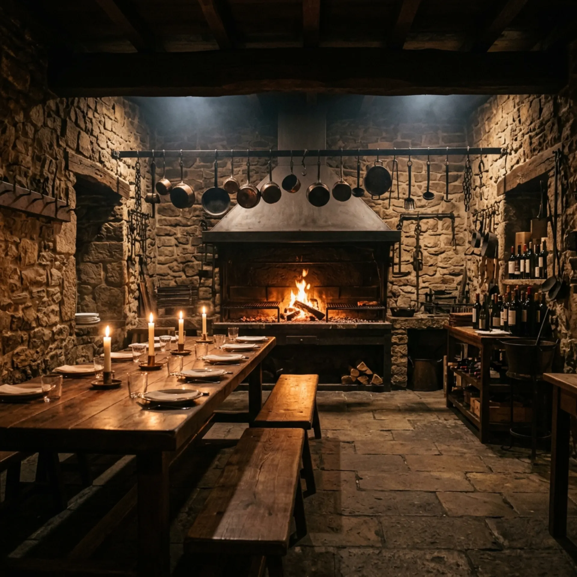 The dining room: one long wooden table, candles, the hearth at the far wall