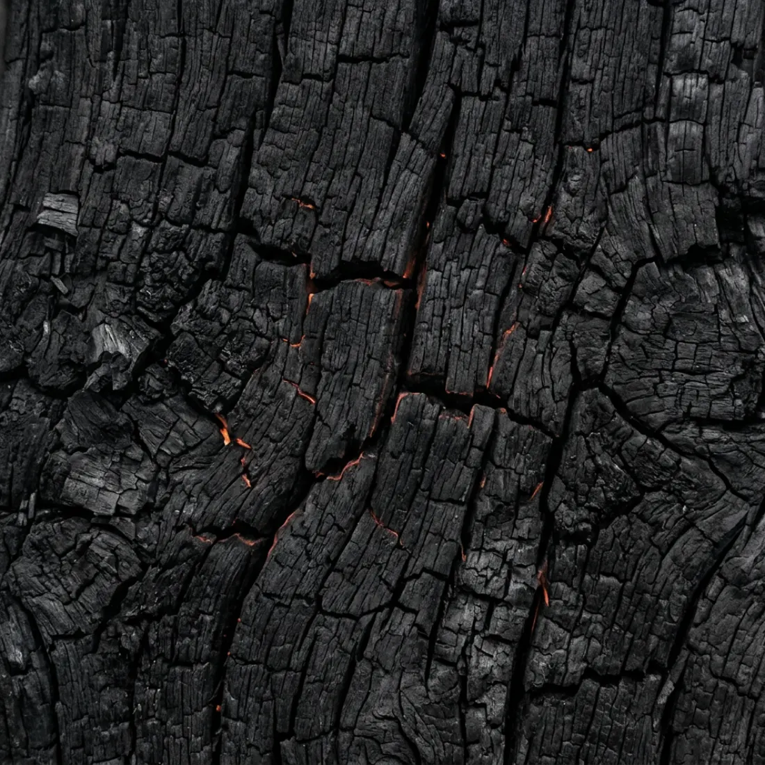 Macro of charred oak, faint embers in the cracks