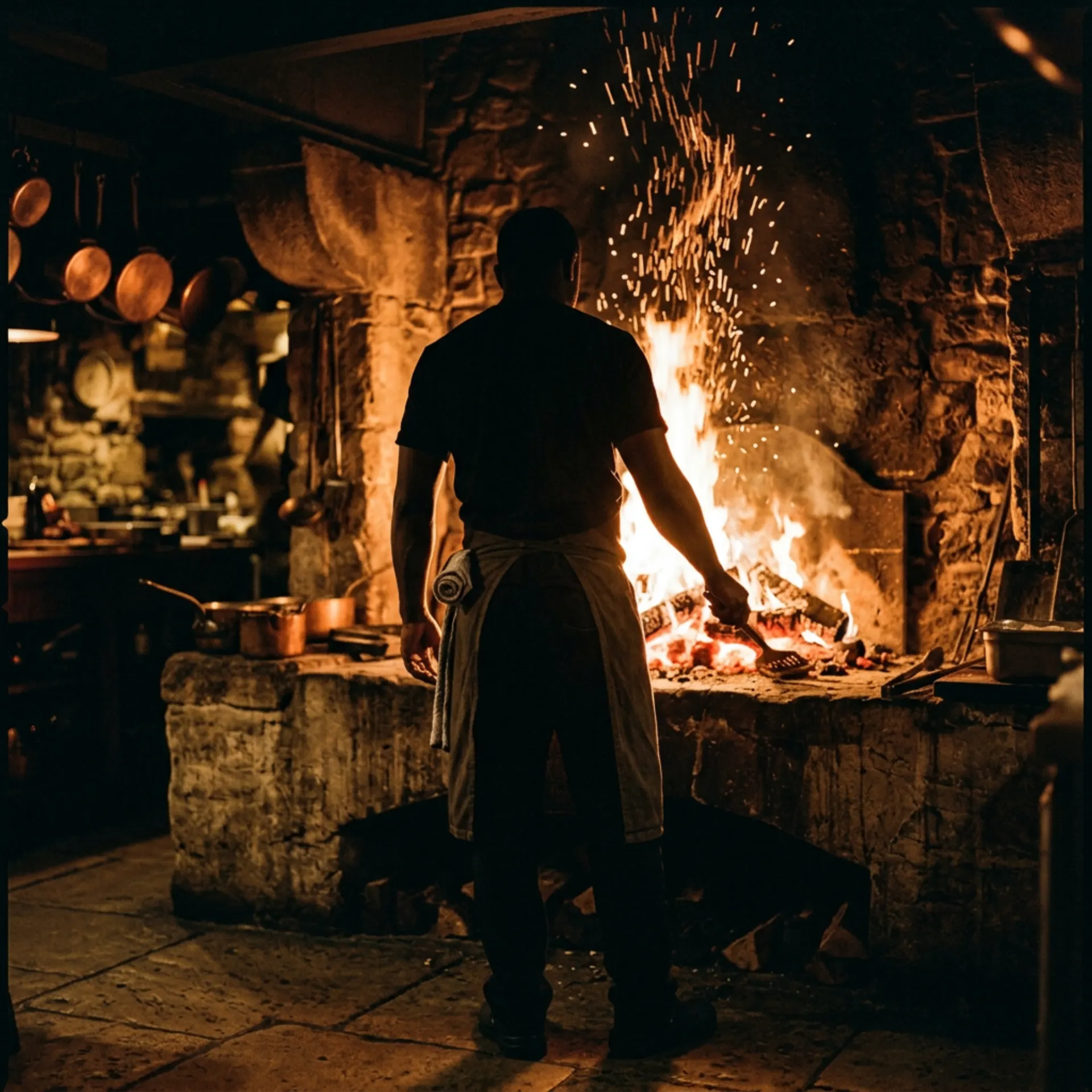 A chef seen from behind, tending the hearth as sparks rise