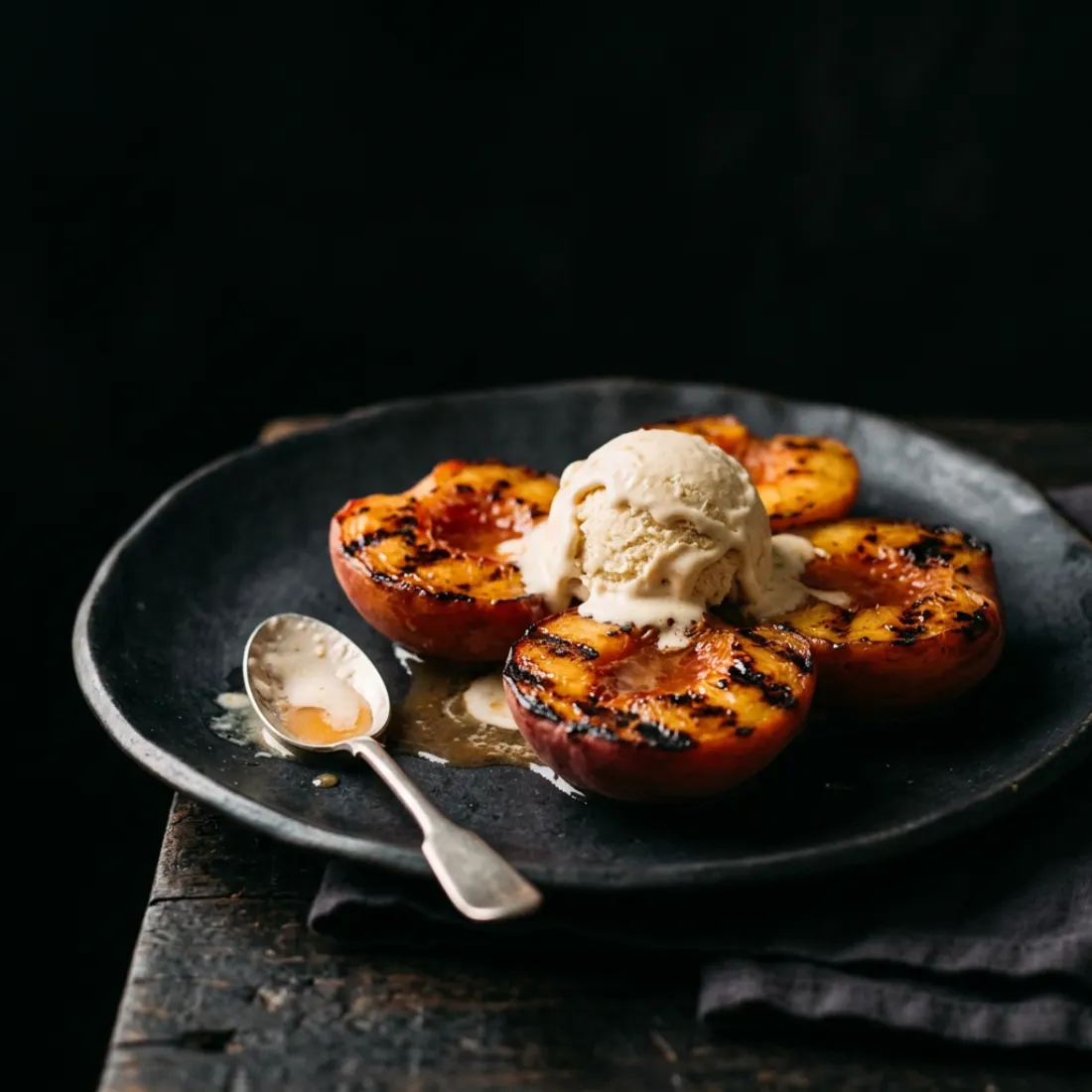 Grilled peach halves with sheep milk ice cream
